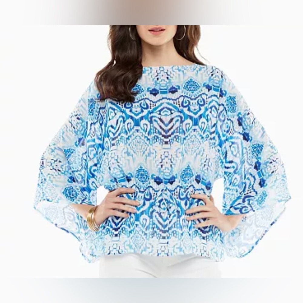 Chaps Womens Blue White Design Shirt Top Blouse Size M Polyester 3/4 Sleeve